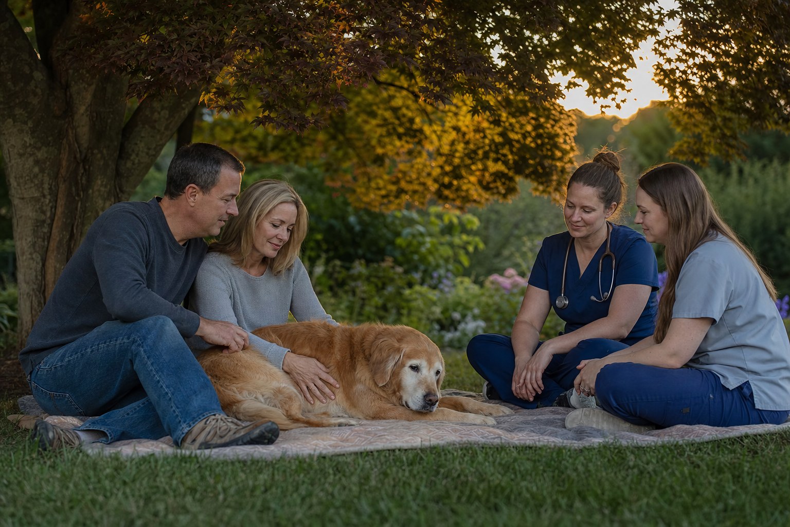 Family sitting with an elderly golden retriever under a tree with veterinary professionals nearby