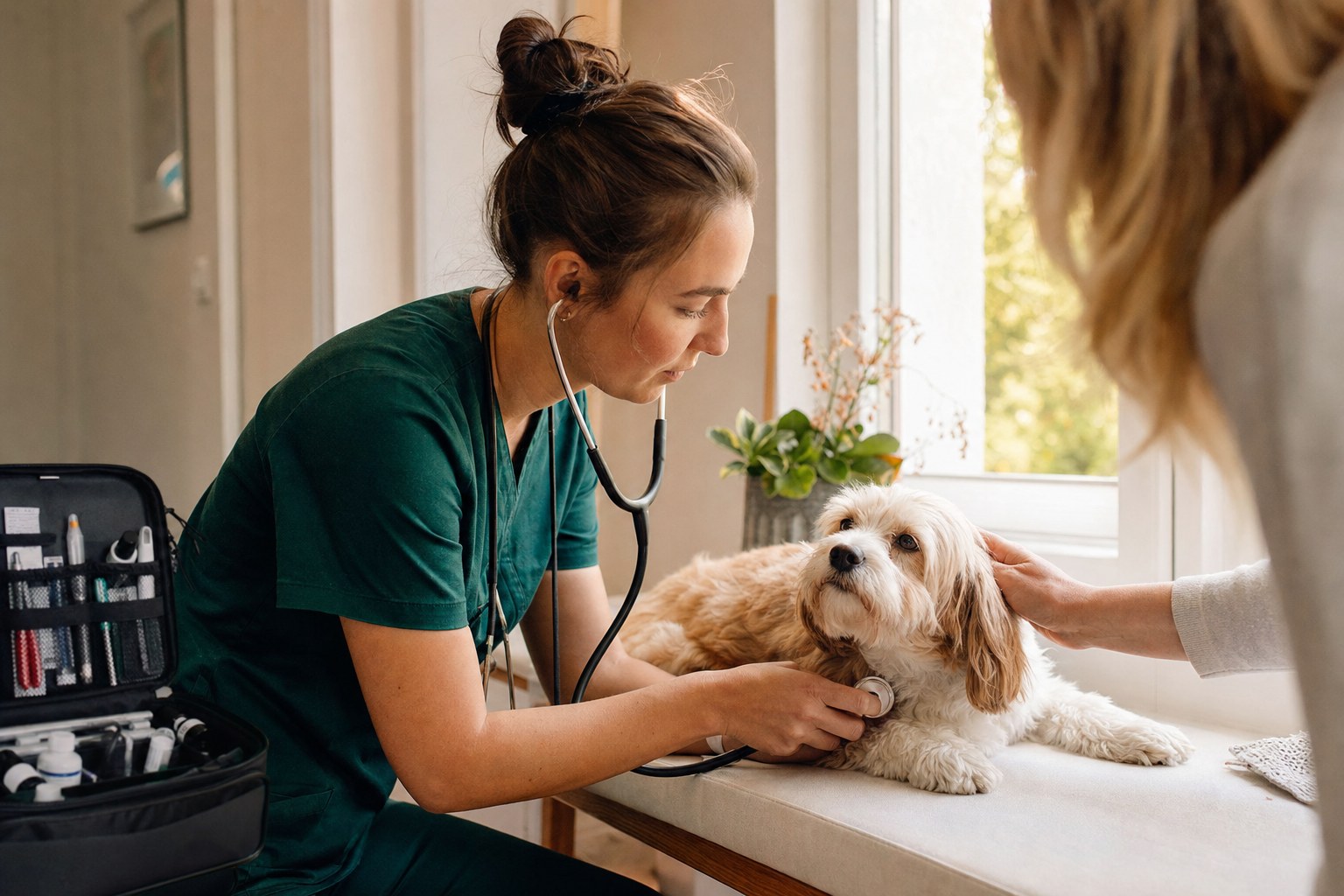 Veterinarian giving a small dog a gentle wellness exam at home