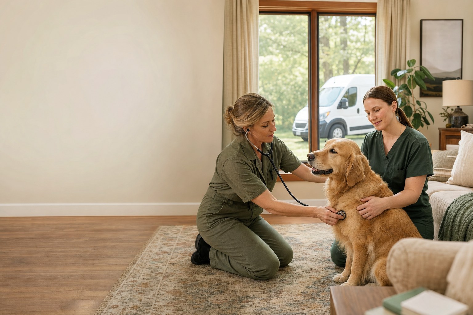 Veterinarian and veterinary technician examining a golden retriever at home