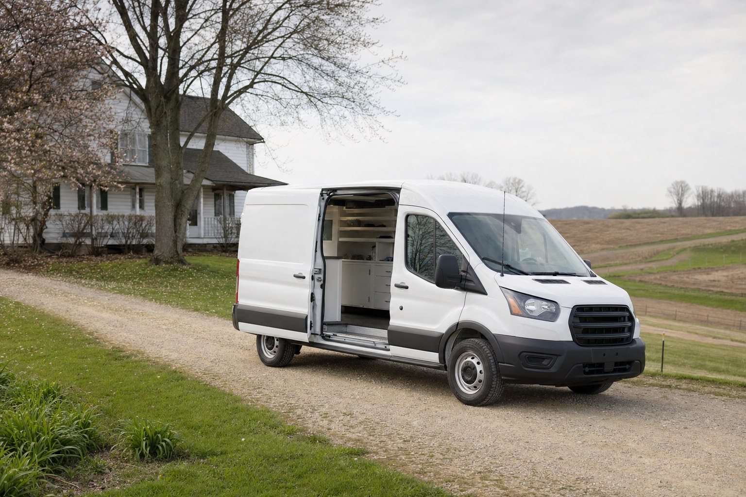 White mobile veterinary van parked with its side door open in a rural Ohio farmhouse driveway