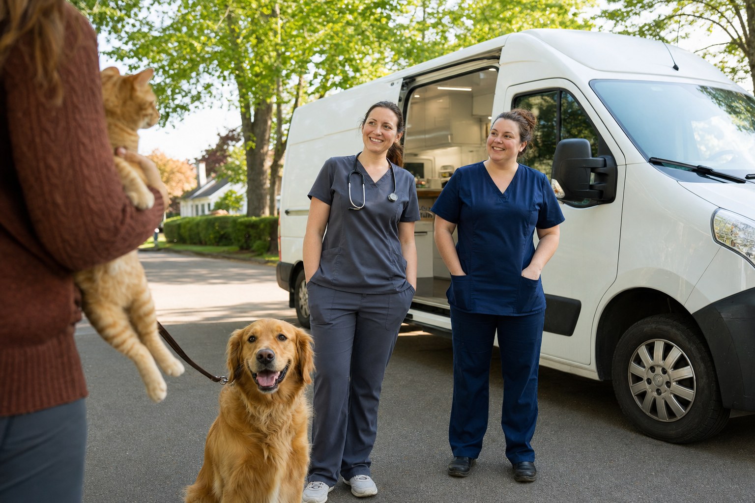 Veterinarian and veterinary technician beside a mobile veterinary van